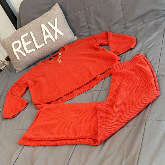 Rust Burnt Orange Sweater Lounge Set M Pants Button Long Sleeve Top New Cozy - Picture 7 of 9